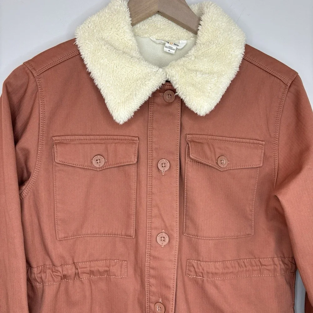 hang Ten Sherpa Collar‎ Lined Utility Jacket Fisherman Small Neutral Canvas Cozy